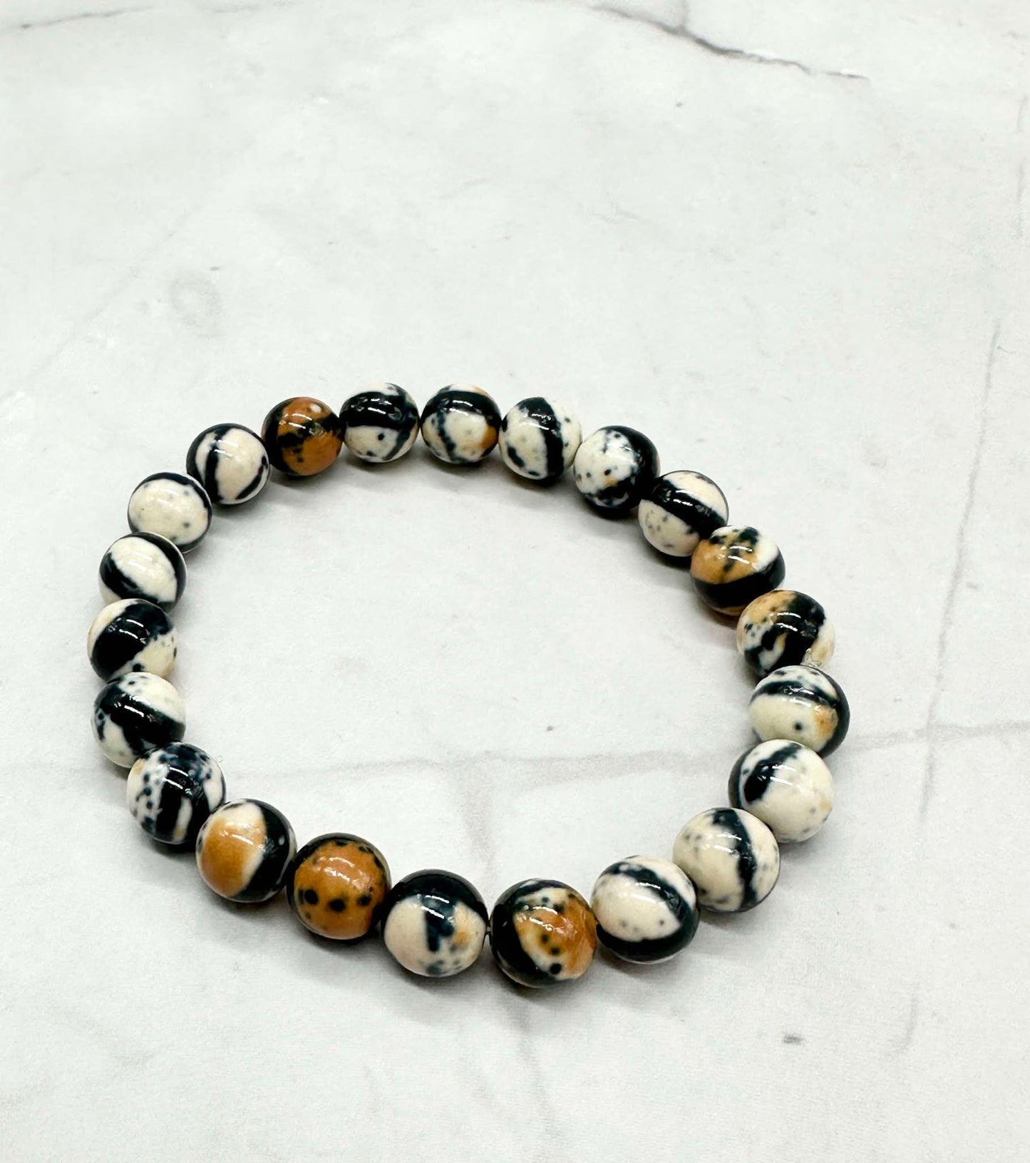 Single Strand Black, Brown & White Marble Beaded Stretch Bracelet