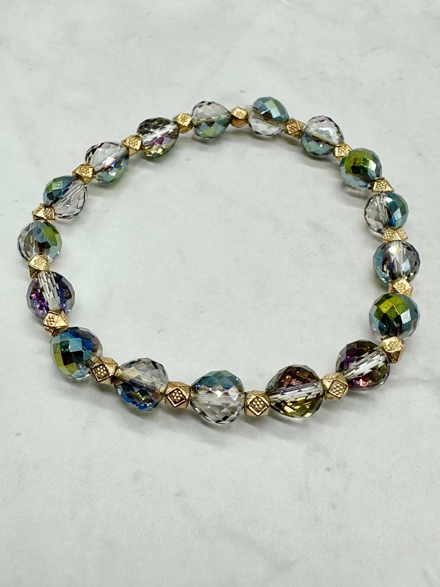 Iridescent Teardrop Crystal Beaded Stretch Bracelet - Handmade Stacker