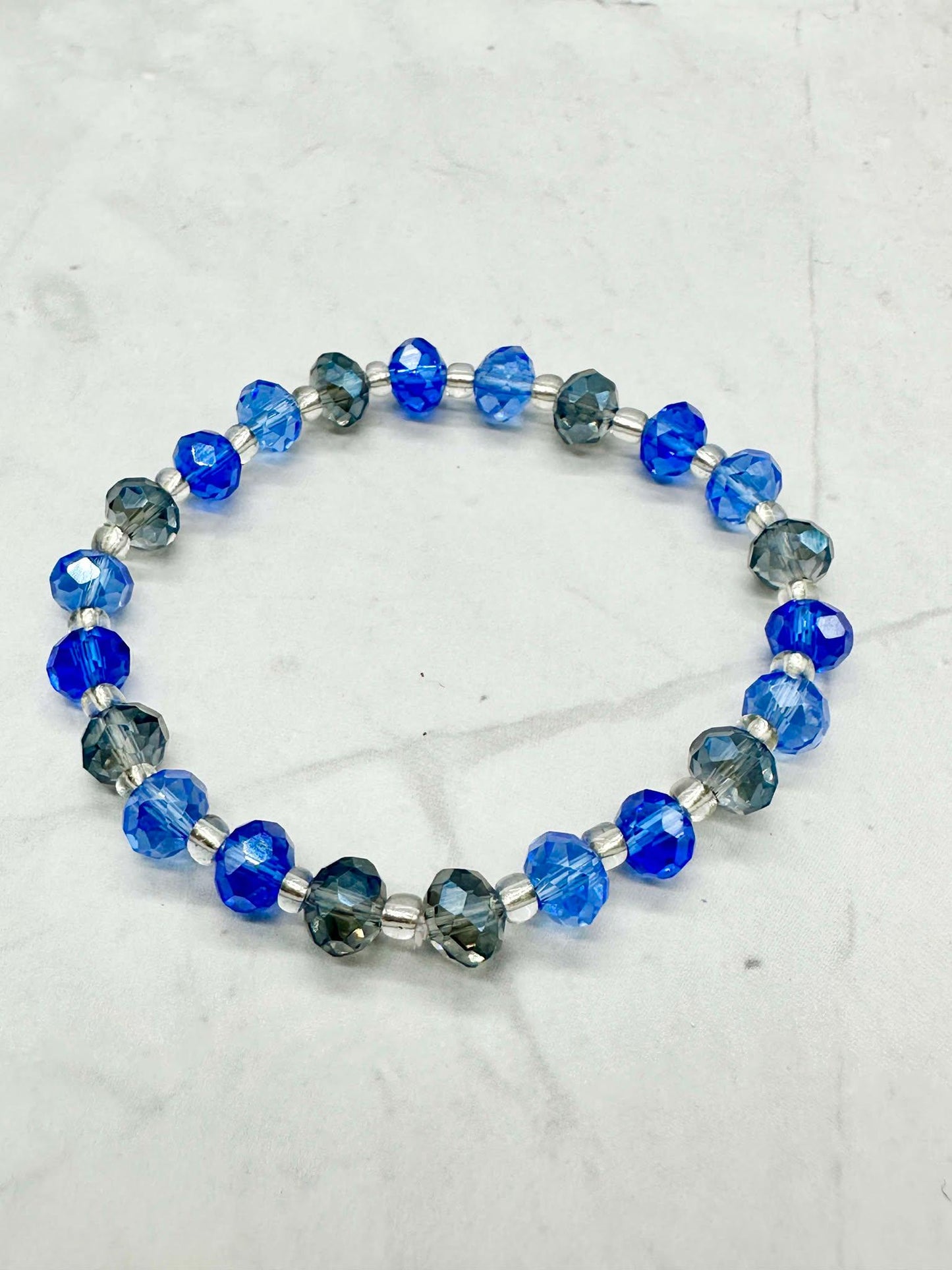 Multi Blue & Silver Crystal Beaded Stretch Bracelet - Handmade