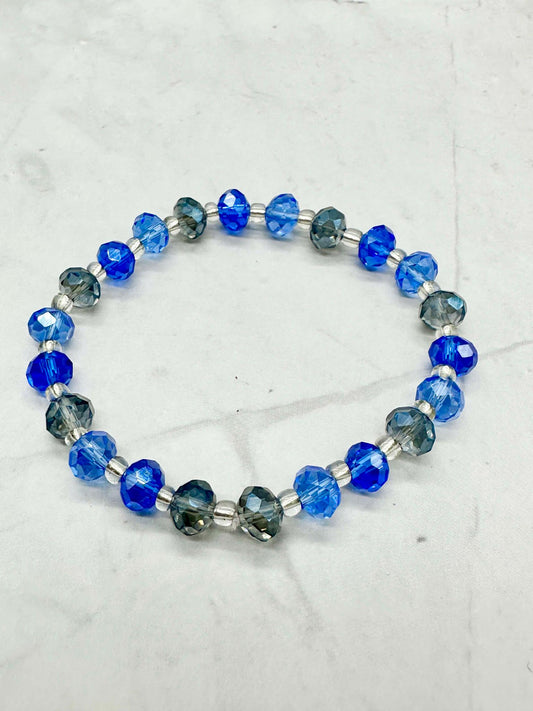 Multi Blue & Silver Crystal Beaded Stretch Bracelet - Handmade