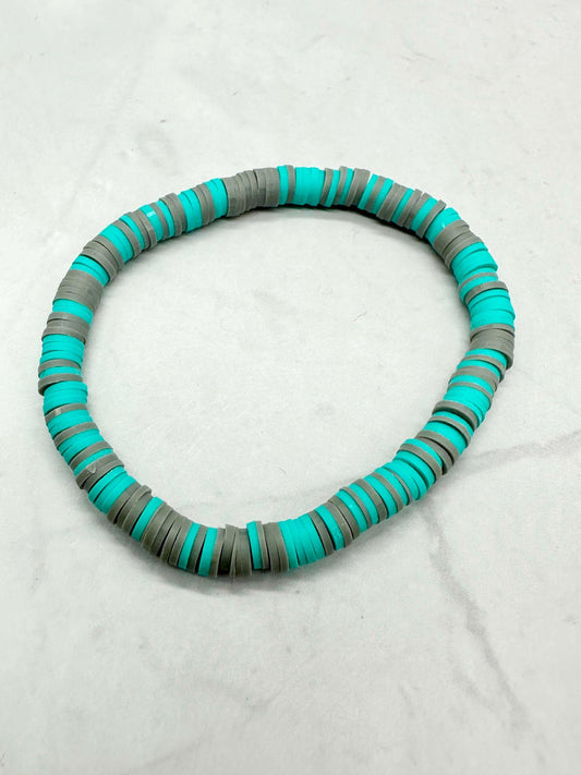 Single Strand Teal & Gray Clay Beaded Stretch Bracelet