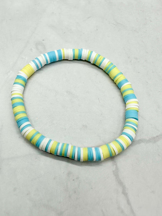Single Strand Handmade Blue, Yellow & White Clay Beaded Stretch Bracelet