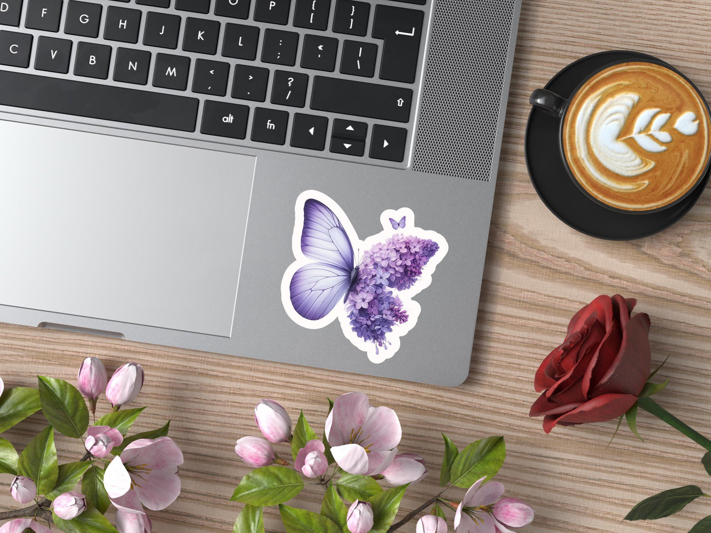 Purple Butterfly & Flowers Sticker: Water Resistant Vinyl Decal