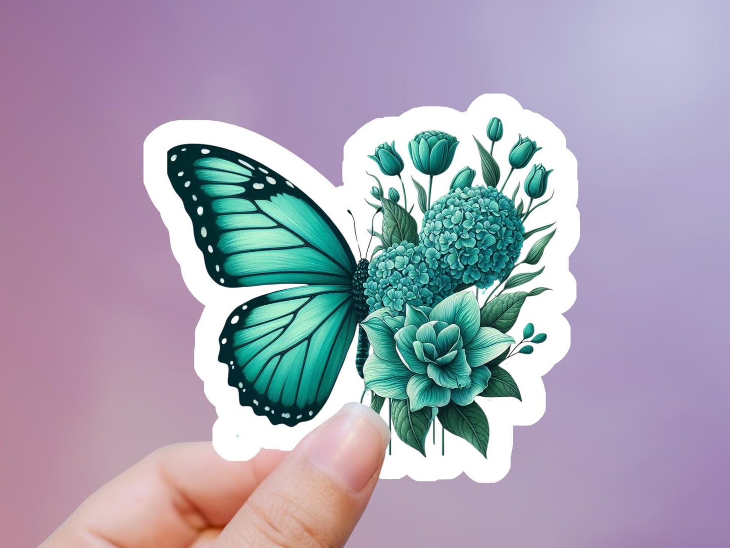Teal Butterfly & Flowers Sticker