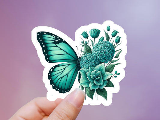 Teal Butterfly & Flowers Sticker