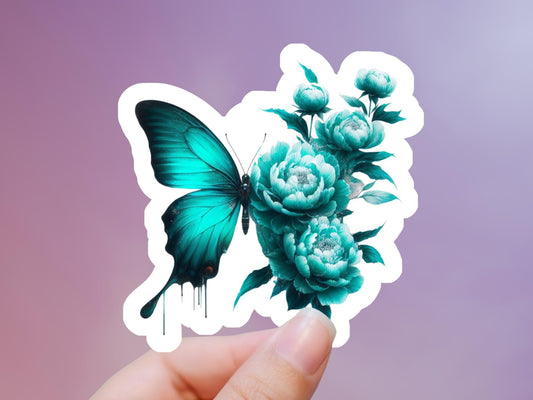 Teal Butterfly & Flowers Sticker