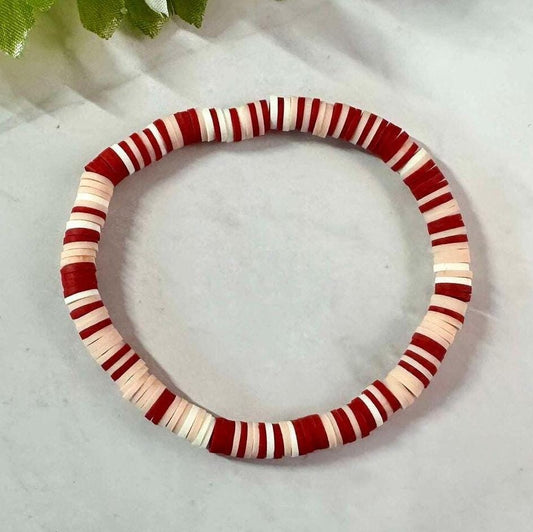 Single Strand Handmade Red Peach & White Heishi Polymer Clay Bracelet