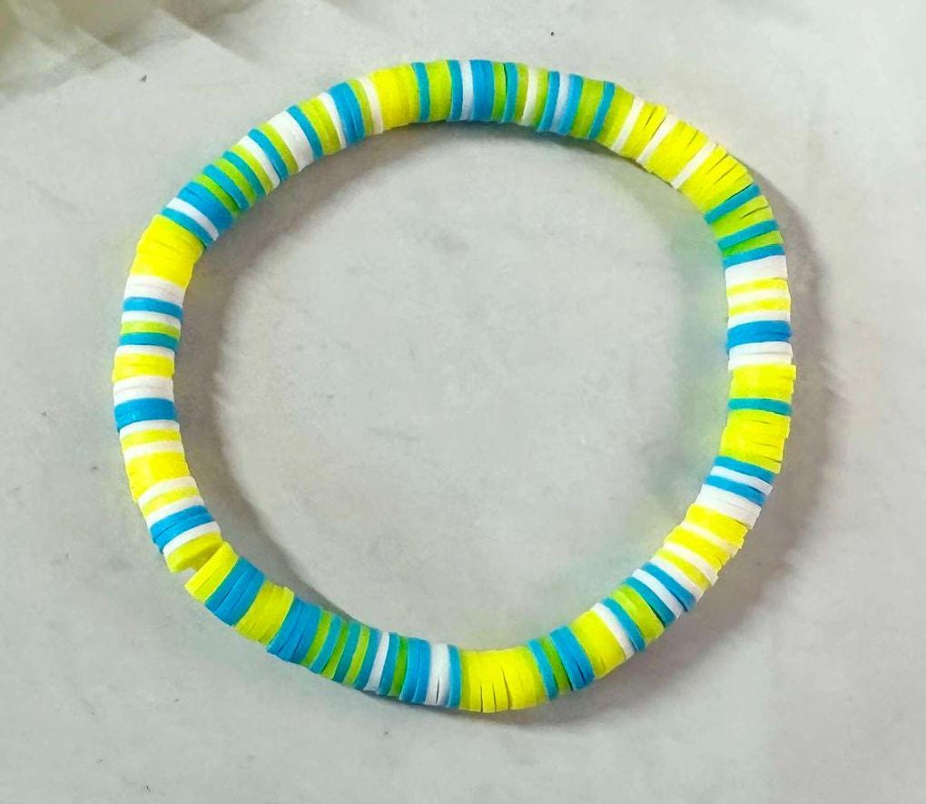 Single Strand Neon Heishi Bracelet: Yellow, Blue, White Polymer Clay Bracelet