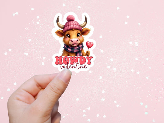 Howdy Highland Cow Valentine Sticker: Water Resistant Laptop Decal