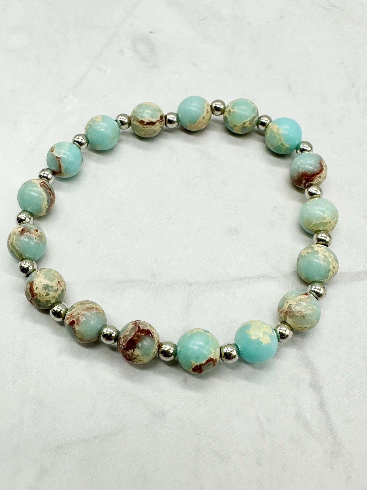 Single Strand Teal & Brown Beaded Stretch Bracelet