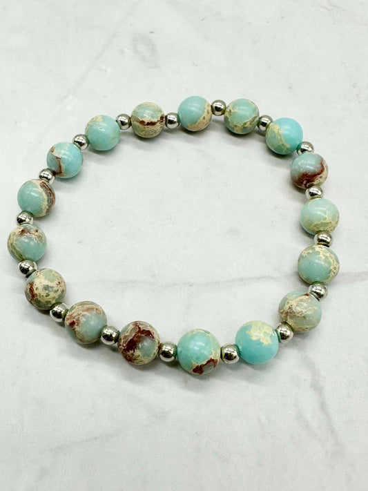 Single Strand Teal & Brown Beaded Stretch Bracelet