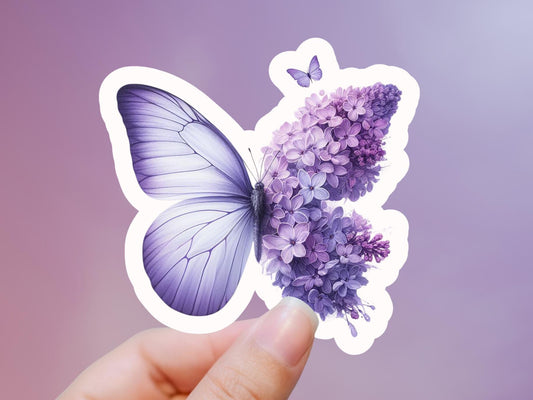 Purple Butterfly & Flowers Sticker: Water Resistant Vinyl Decal