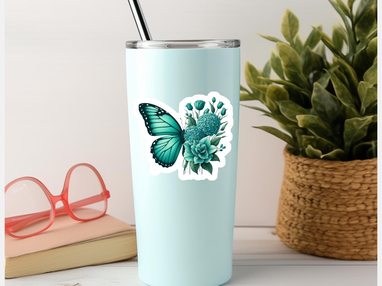 Teal Butterfly & Flowers Sticker