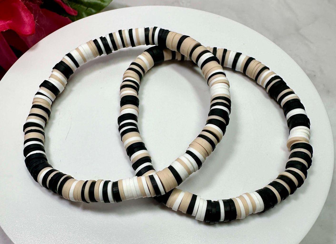 Single Strand Neutral Heishi Bracelet: Black, Beige, White Clay Bead Stackable Bracelet