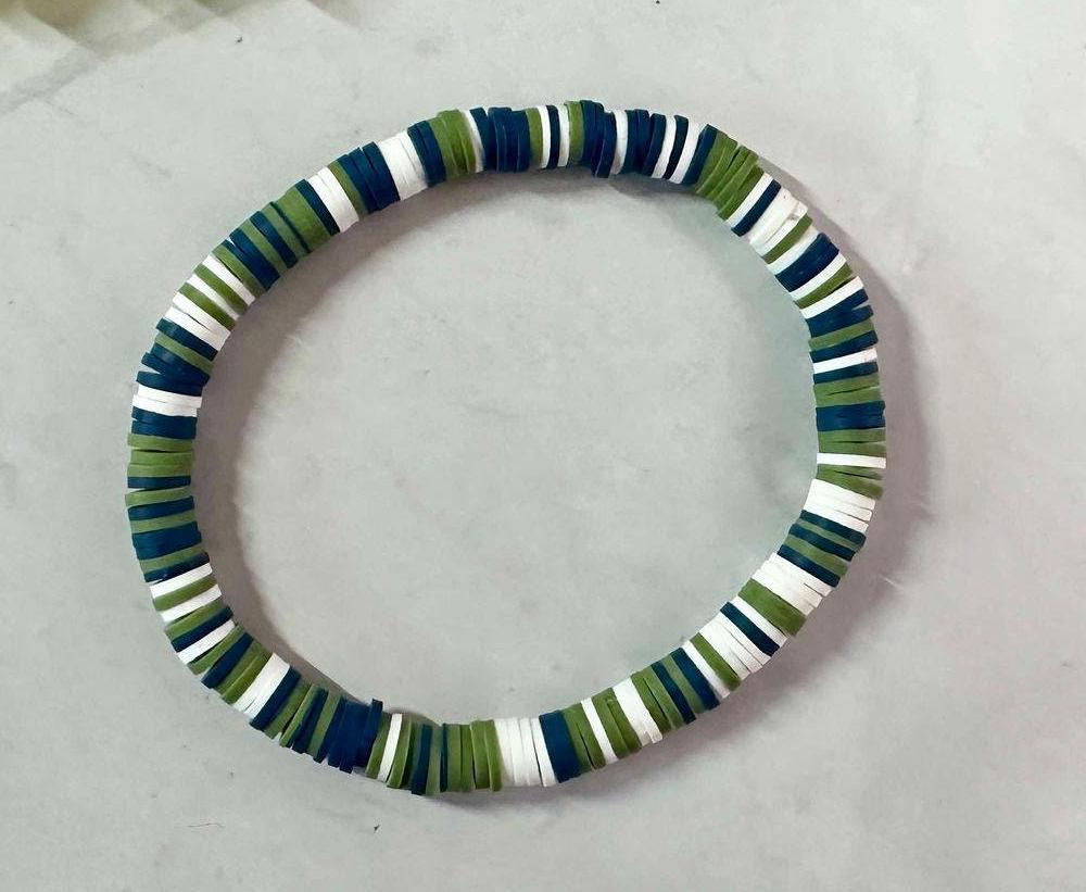 Single Strand Handmade Navy Green White Heishi Bracelet