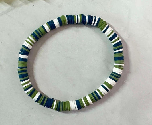 Single Strand Handmade Navy Green White Heishi Bracelet