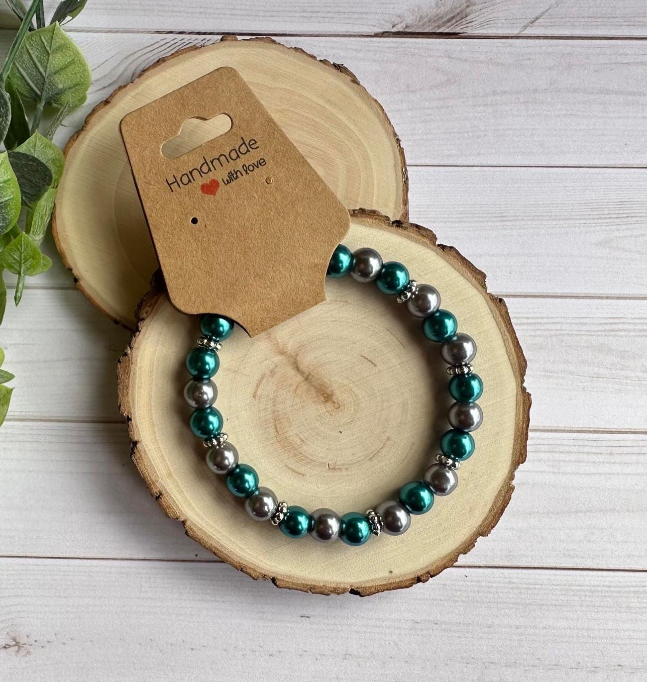 Teal/Silver Pearl Beaded Stretch Bracelet