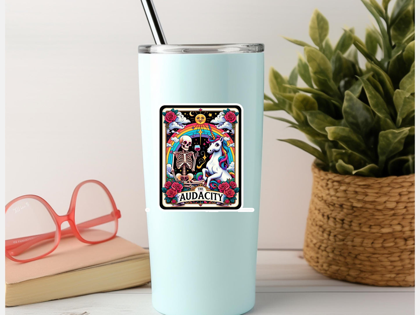 The Audacity Skeleton and Unicorn Tarot Card Sticker
