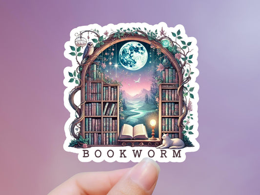 Bookworm Bookshelf and Cat Sticker