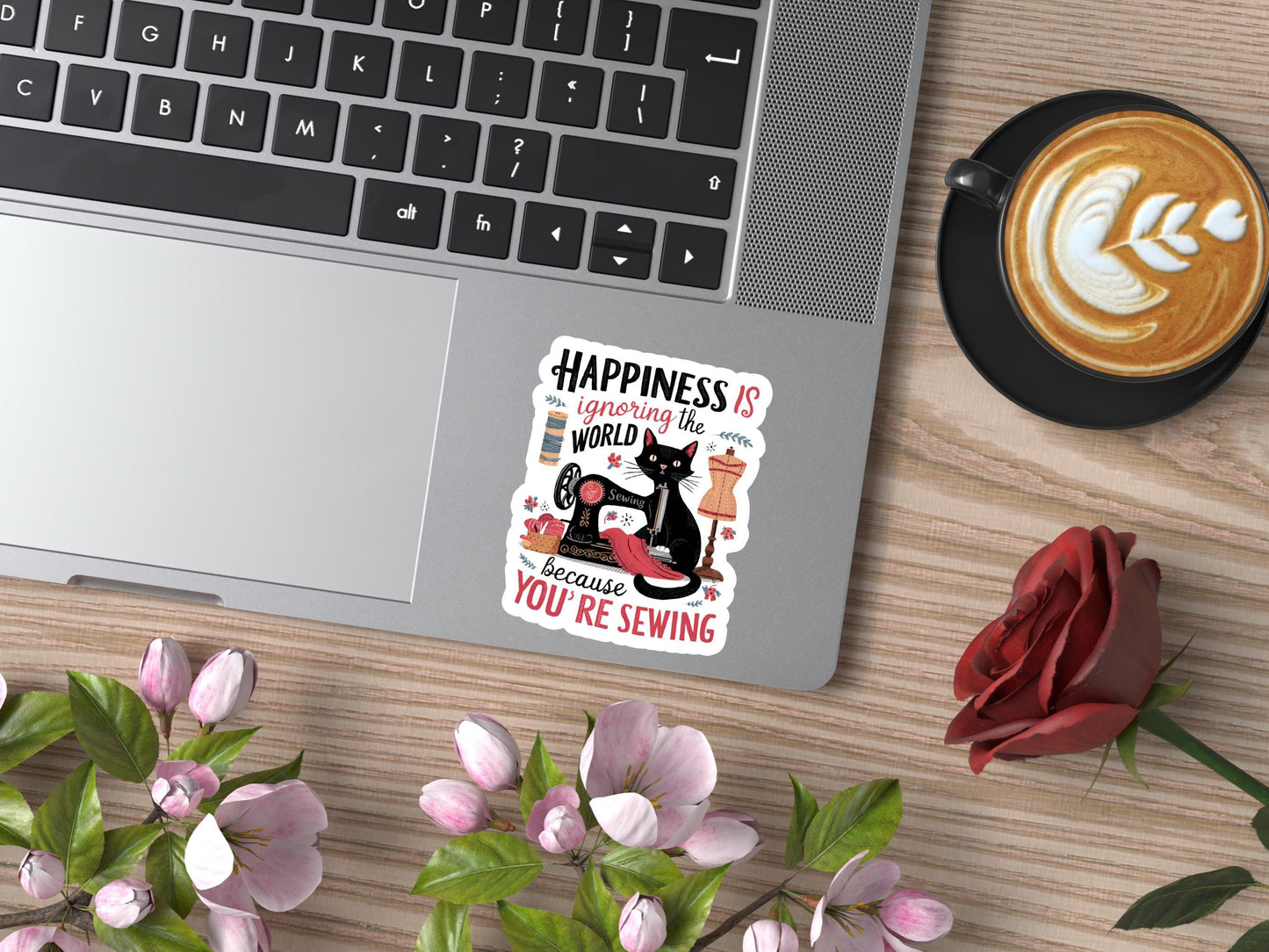 Happiness Is Ignoring The World Because You're Sewing Black Cat Sticker