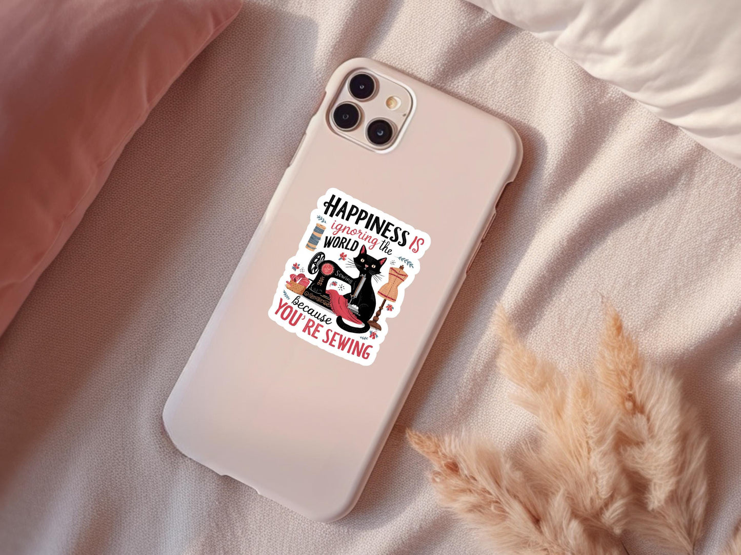 Happiness Is Ignoring The World Because You're Sewing Black Cat Sticker