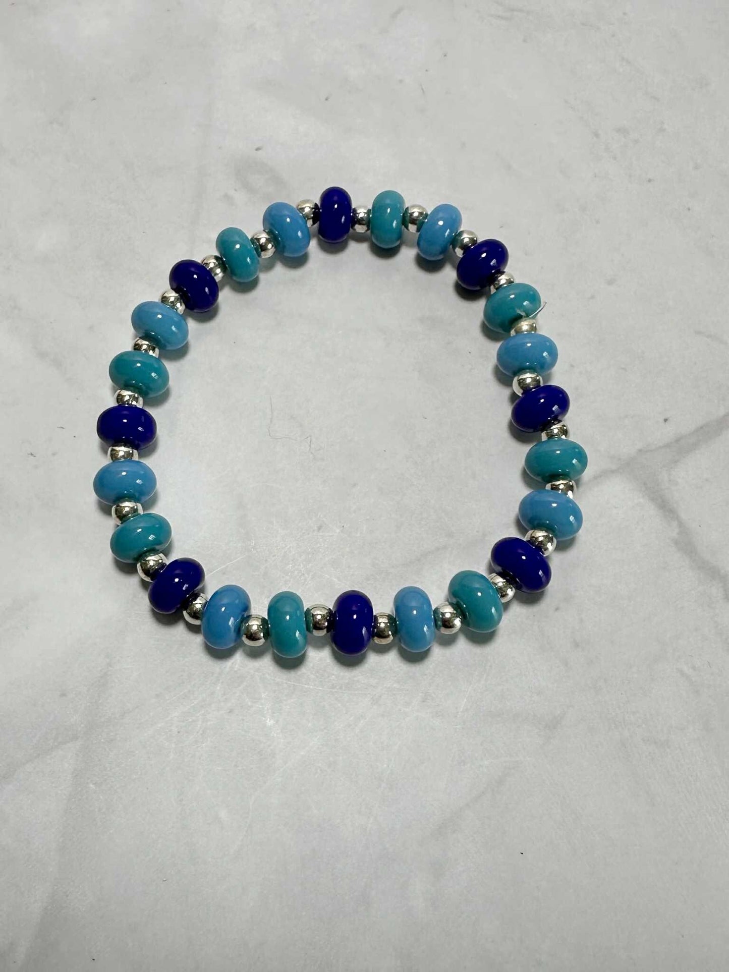 Ocean Mist Glass Beaded Stretch Bracelet - Handmade Silver Accents