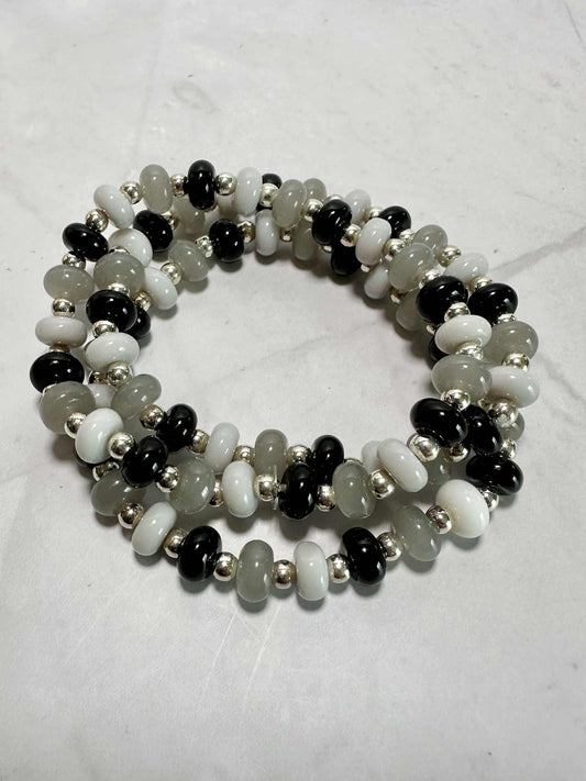 Stormy Sky Glass Beaded Stretch Bracelet - Handmade Silver Accents