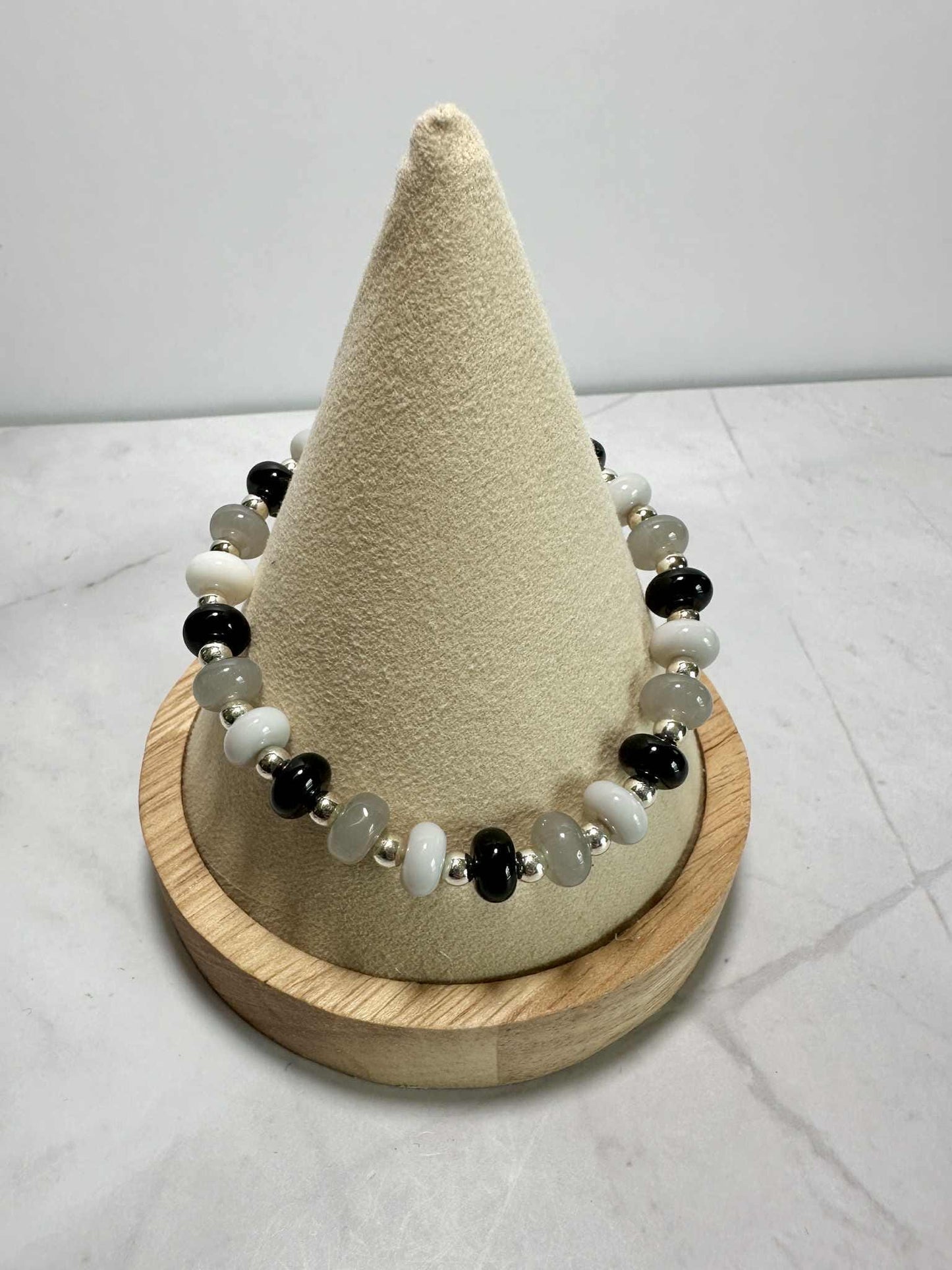 Stormy Sky Glass Beaded Stretch Bracelet - Handmade Silver Accents