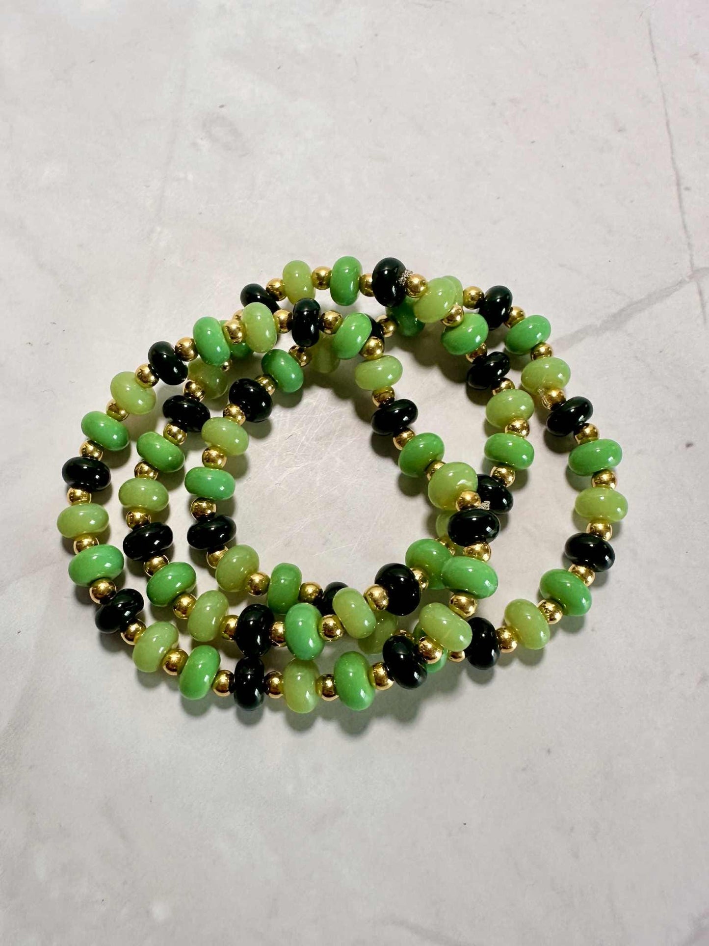 Jade Glass Beaded Stretch Bracelet: Gold Accents, Stackable Jewelry