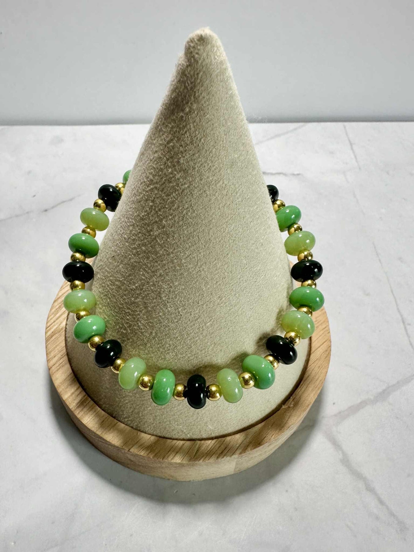 Jade Glass Beaded Stretch Bracelet: Gold Accents, Stackable Jewelry