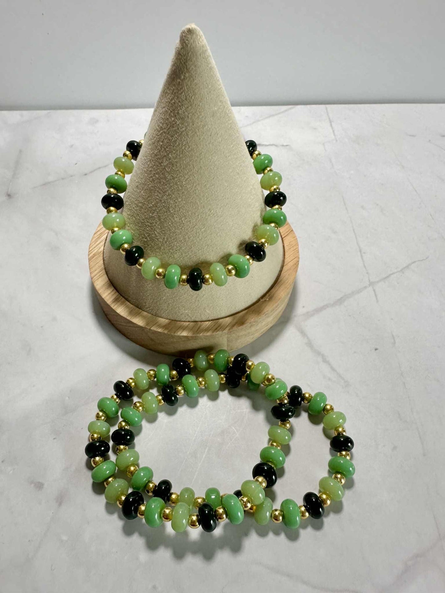 Jade Glass Beaded Stretch Bracelet: Gold Accents, Stackable Jewelry