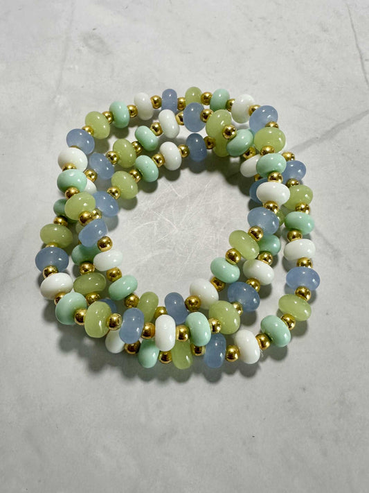 Single Strand Seafoam Glass Beaded Stretch Bracelet: Gold Accents, Stackable Jewelry