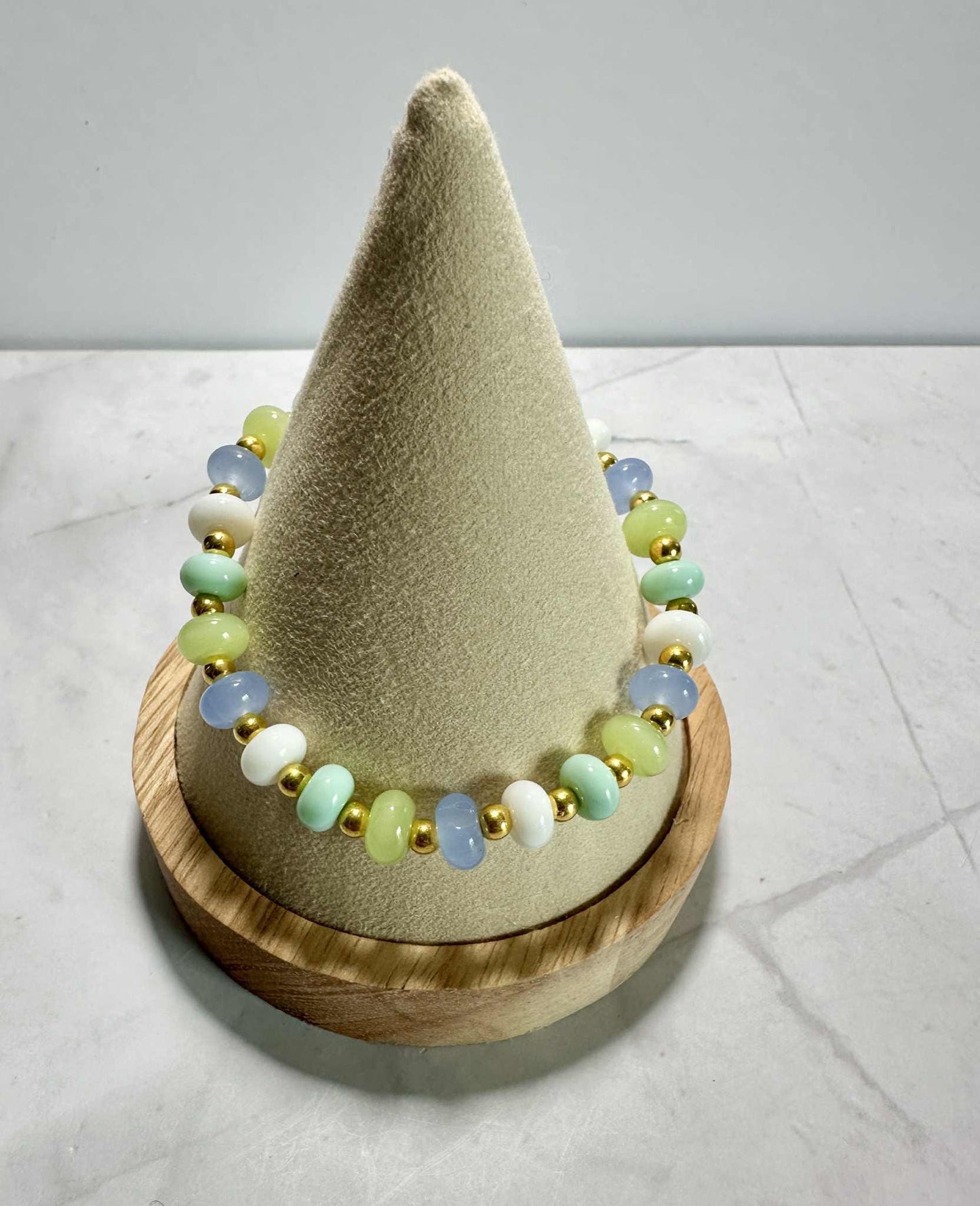 Single Strand Seafoam Glass Beaded Stretch Bracelet: Gold Accents, Stackable Jewelry
