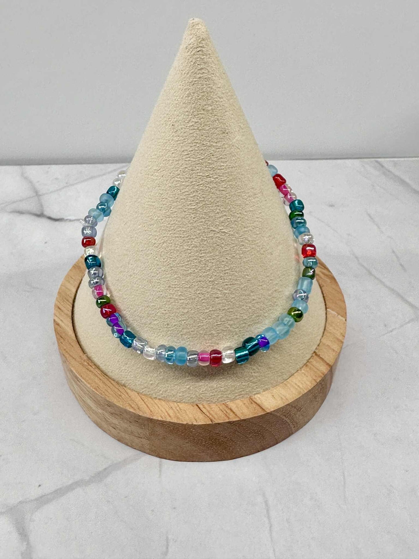 Single Strand Multi Turquoise/Berry Seed Bead Stretch Bracelet