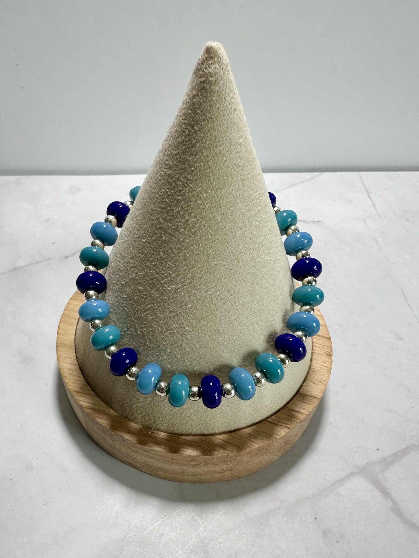Ocean Mist Glass Beaded Stretch Bracelet - Handmade Silver Accents