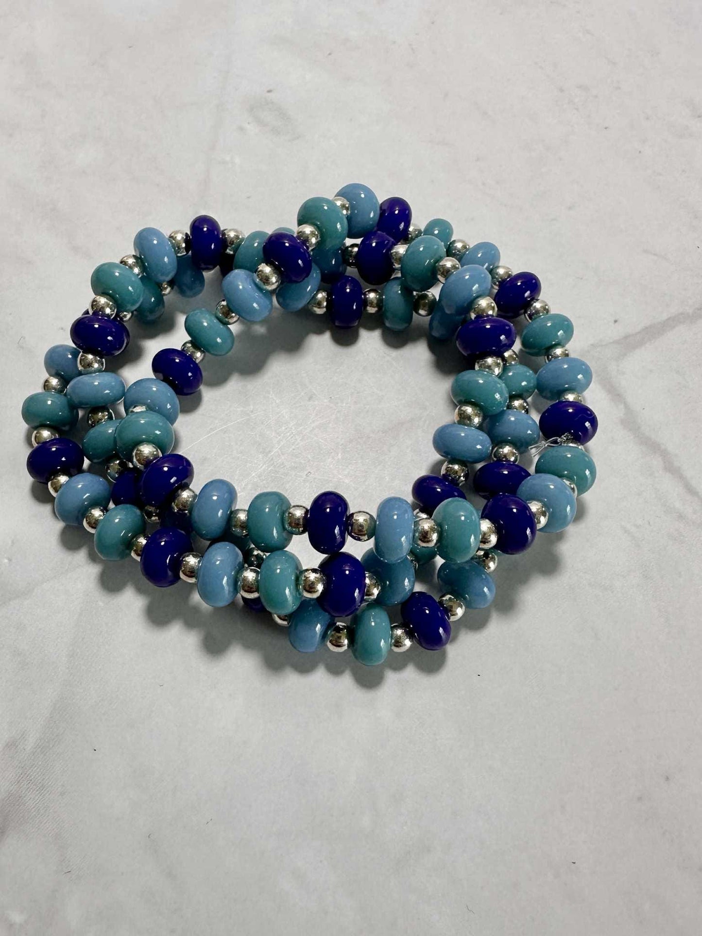 Ocean Mist Glass Beaded Stretch Bracelet - Handmade Silver Accents