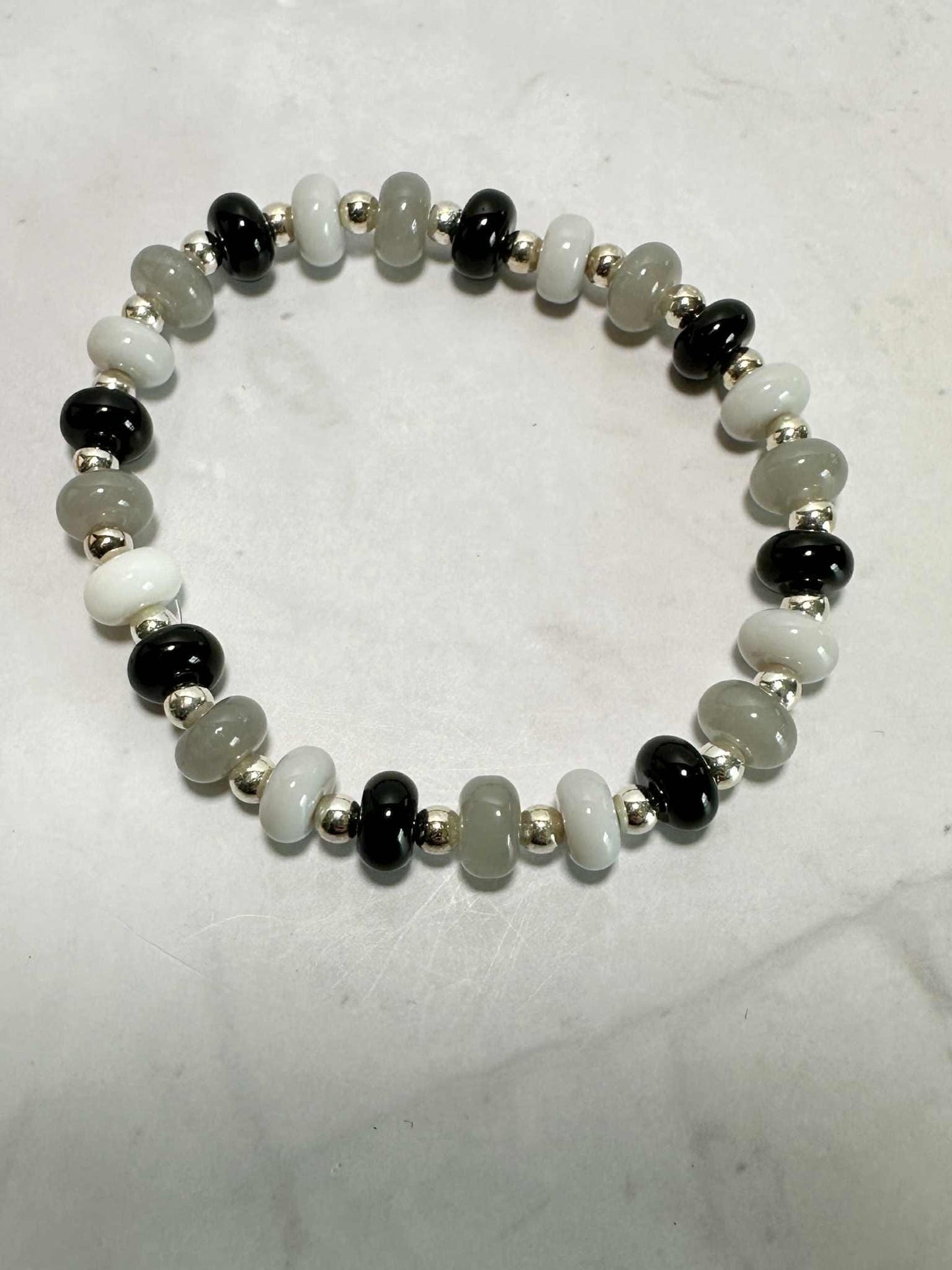 Stormy Sky Glass Beaded Stretch Bracelet - Handmade Silver Accents