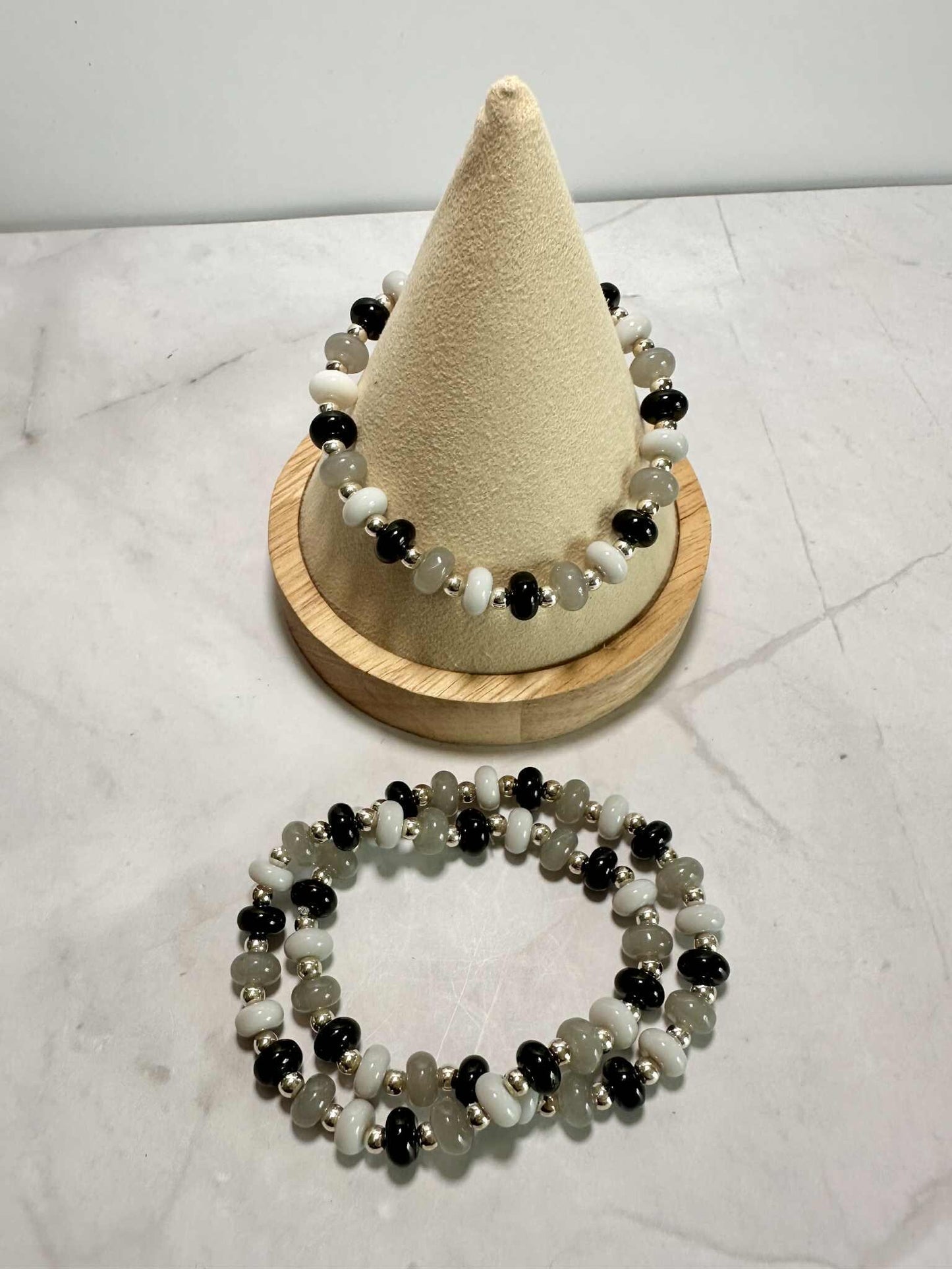 Stormy Sky Glass Beaded Stretch Bracelet - Handmade Silver Accents