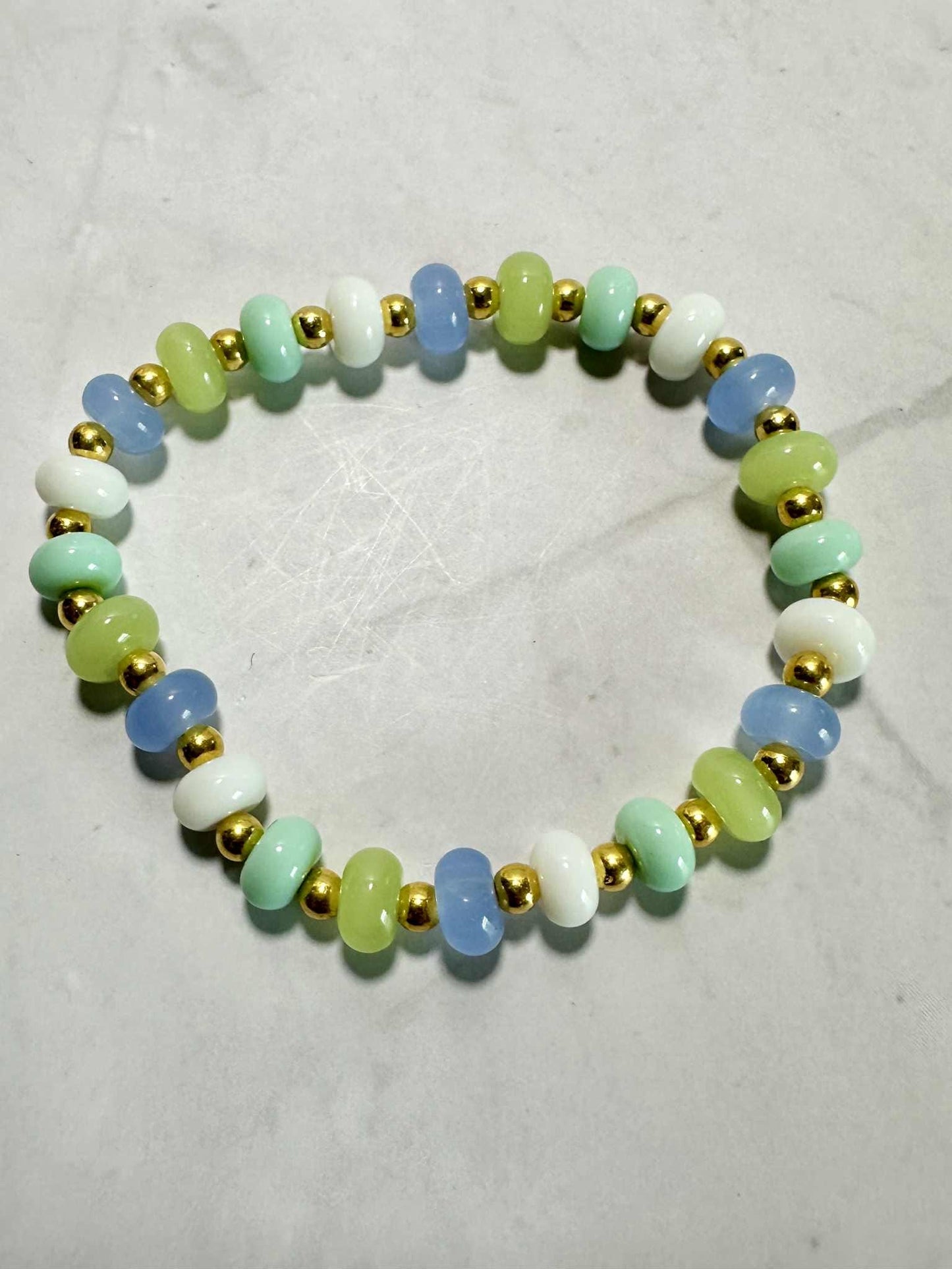 Single Strand Seafoam Glass Beaded Stretch Bracelet: Gold Accents, Stackable Jewelry