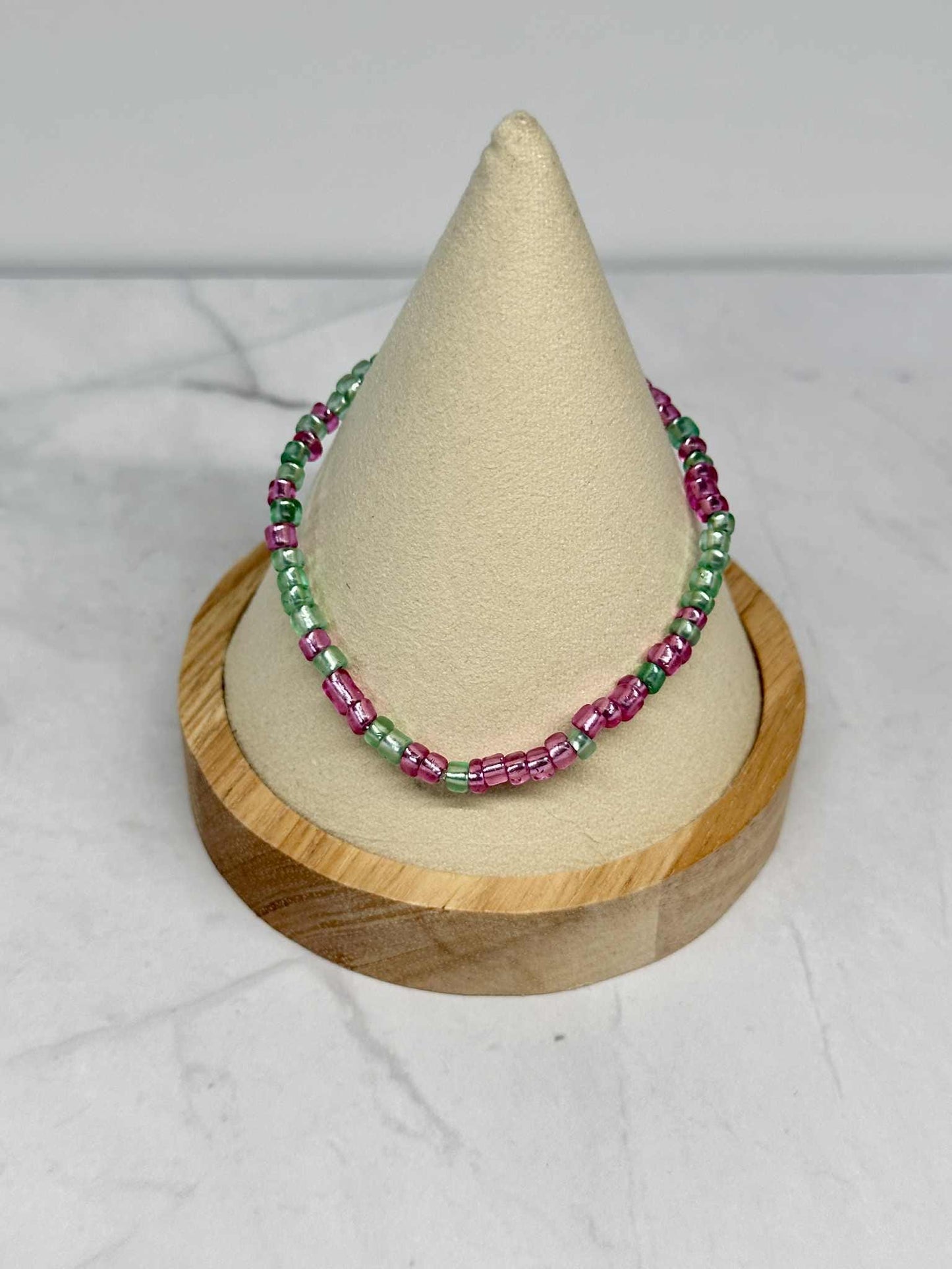 Single Strand Translucent Pink & Green Seed Bead Bracelet
