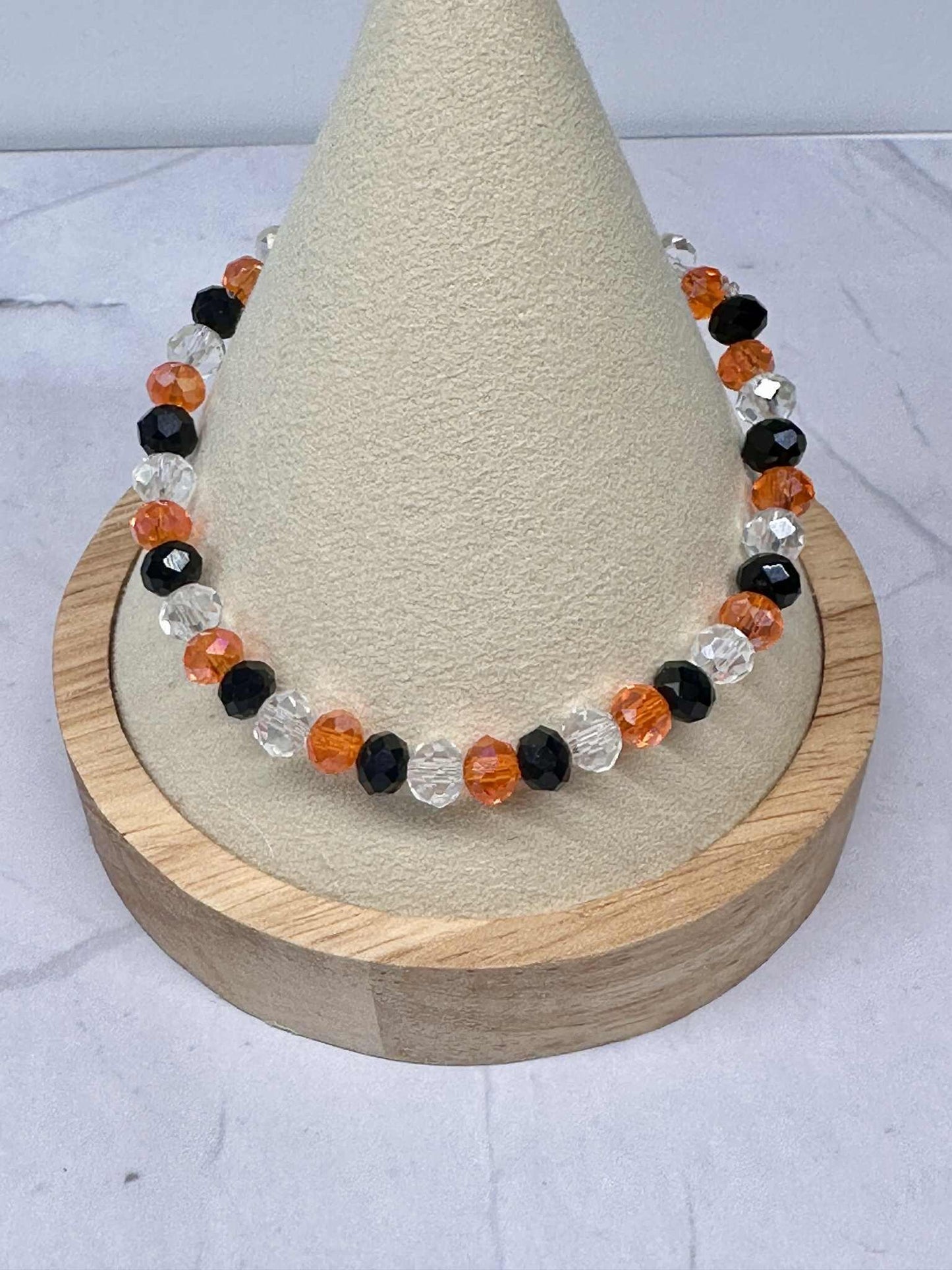 Single Strand Halloween Stretch Bracelet: Clear, Black & Orange Faceted Beads