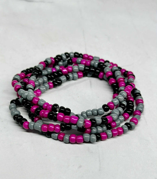 Single Strand Magenta, Black, and Gray Seed Bead Stretch Bracelet