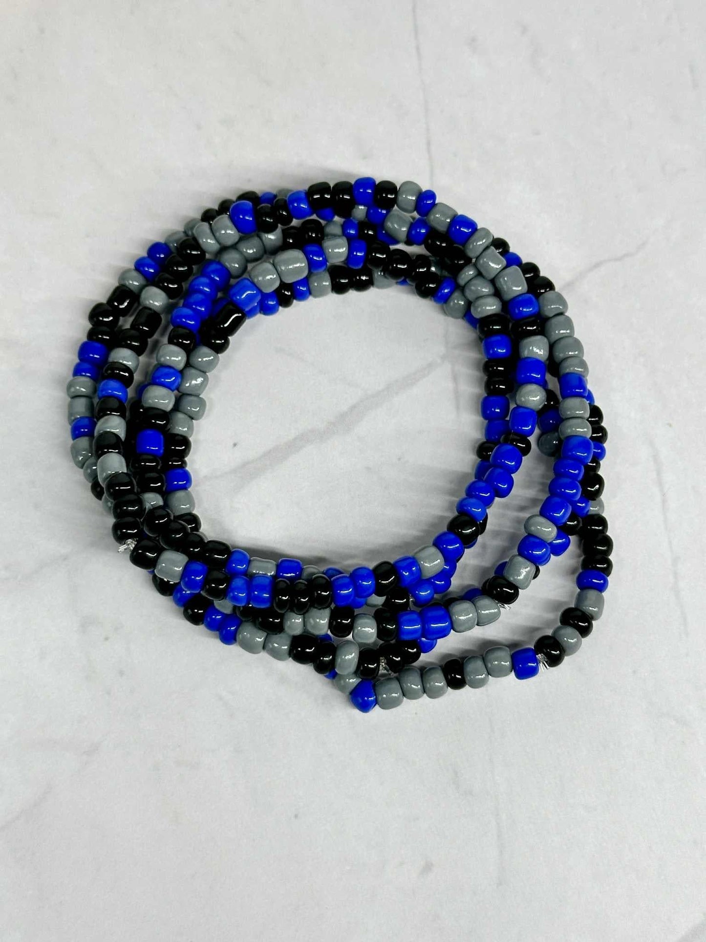 Single Strand Royal Blue, Black, and Gray Seed Bead Stretch Bracelet