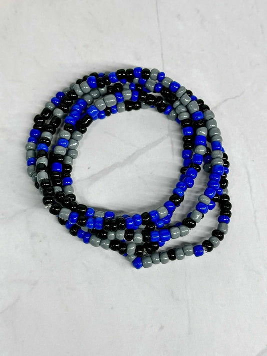 Single Strand Royal Blue, Black, and Gray Seed Bead Stretch Bracelet