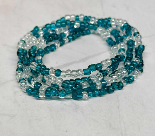 Single Strand Translucent Turquoise/Clear Seed Bead Bracelet