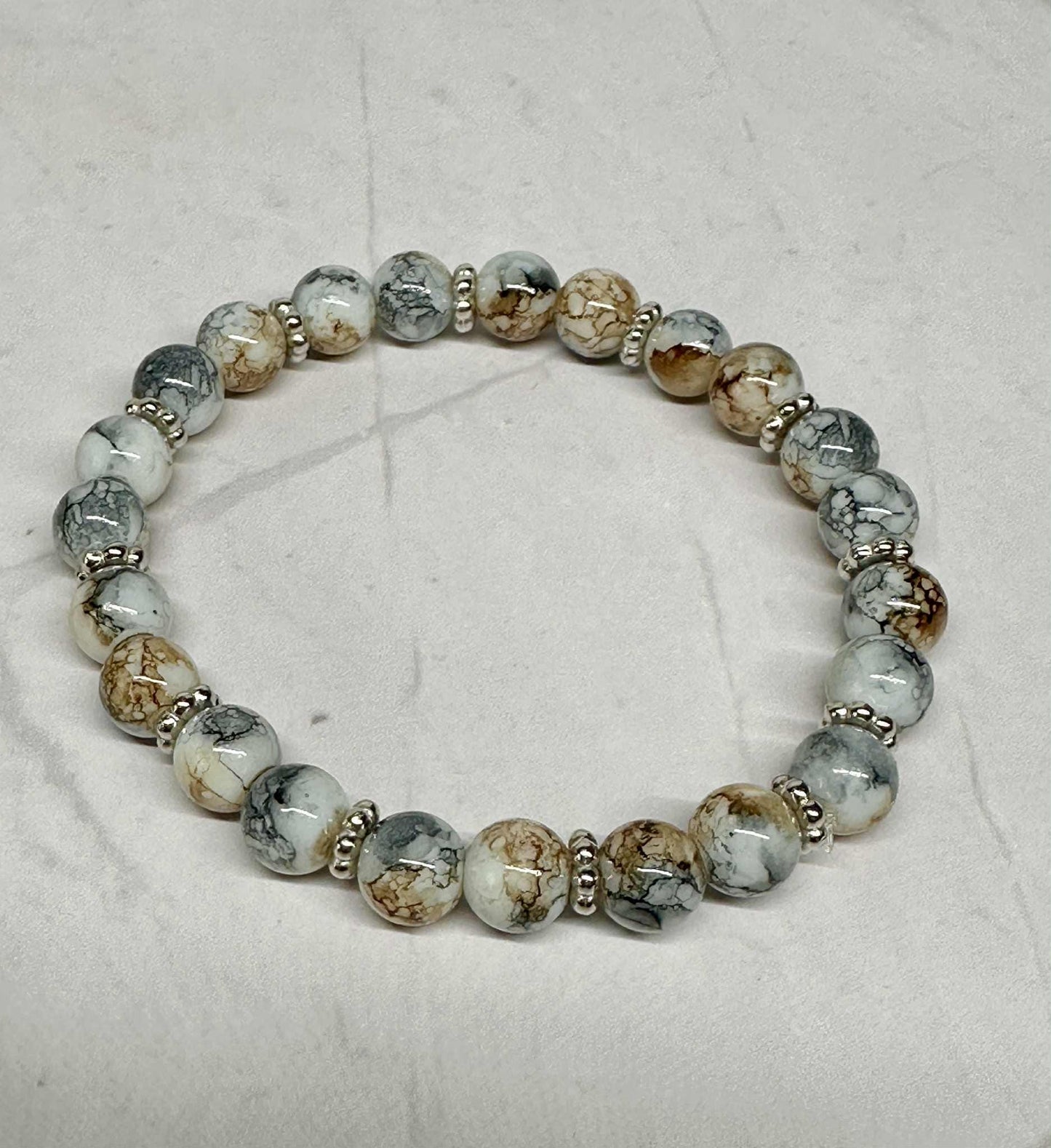 Brown and Gray Marble Glass Beaded Stretch Bracelet