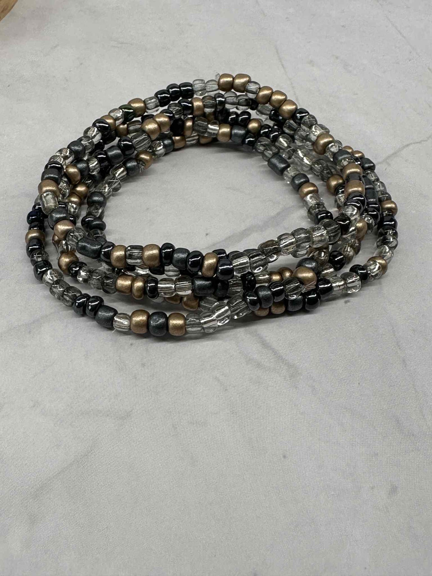 Single Strand Multi Black/Silver/Gold Seed Bead Stretch Bracelet