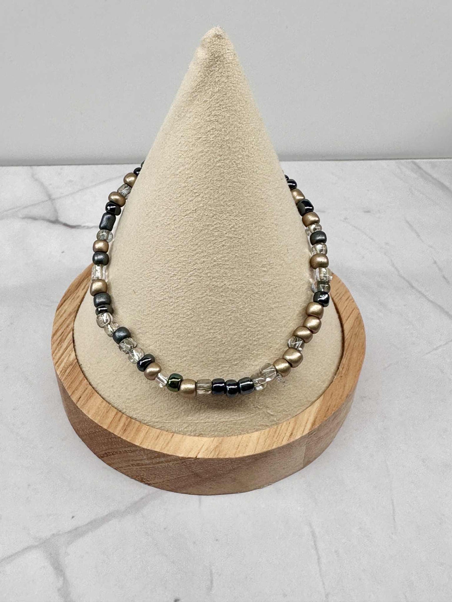 Single Strand Multi Black/Silver/Gold Seed Bead Stretch Bracelet