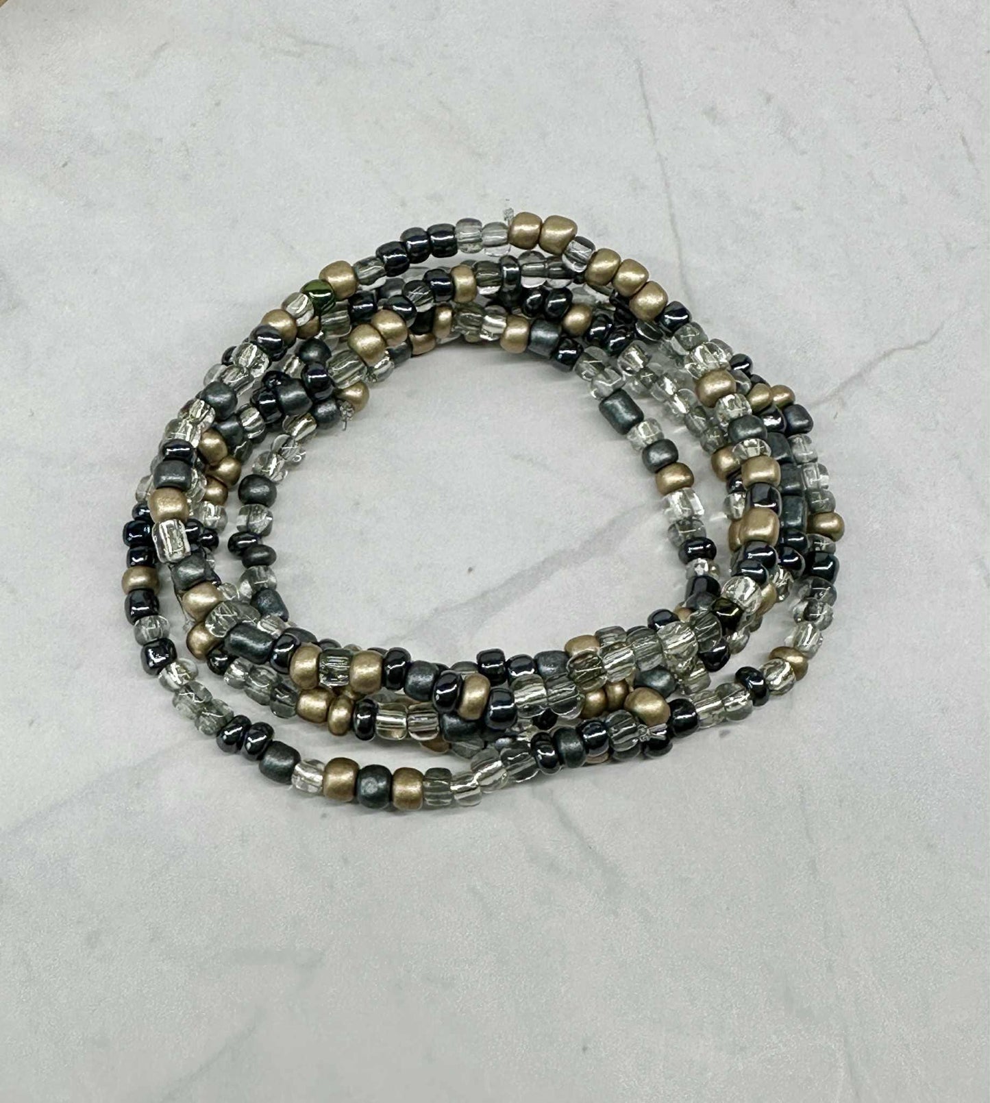 Single Strand Multi Black/Silver/Gold Seed Bead Stretch Bracelet