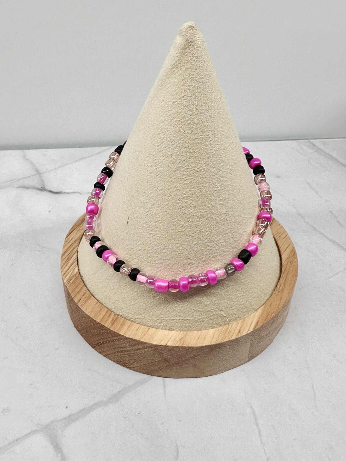 Pink/Black/Clear Seed Bead Stretch Bracelet